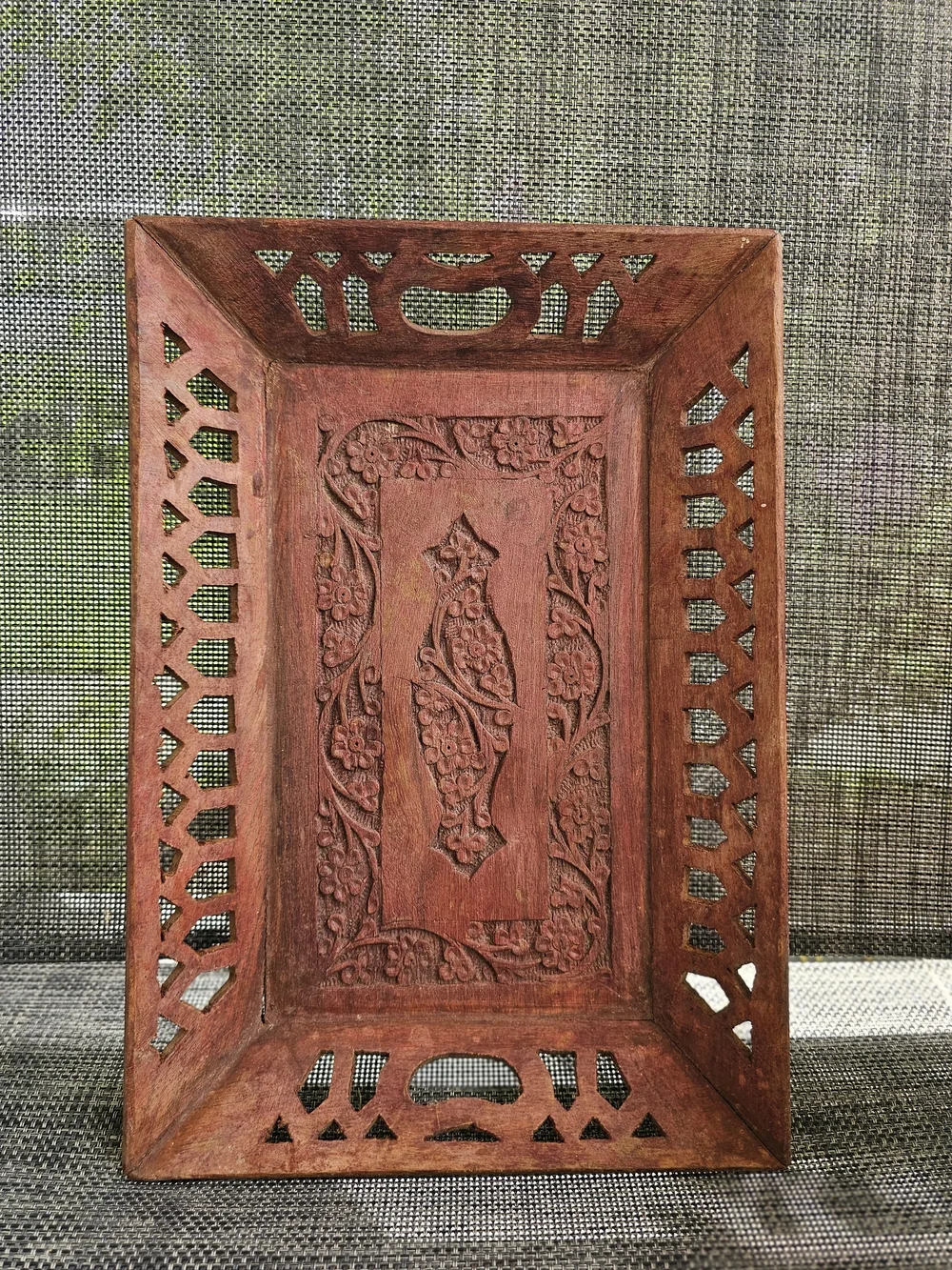 Vintage Hand Carved Wood Serving Tray India Boho Lattice Cutout Floral